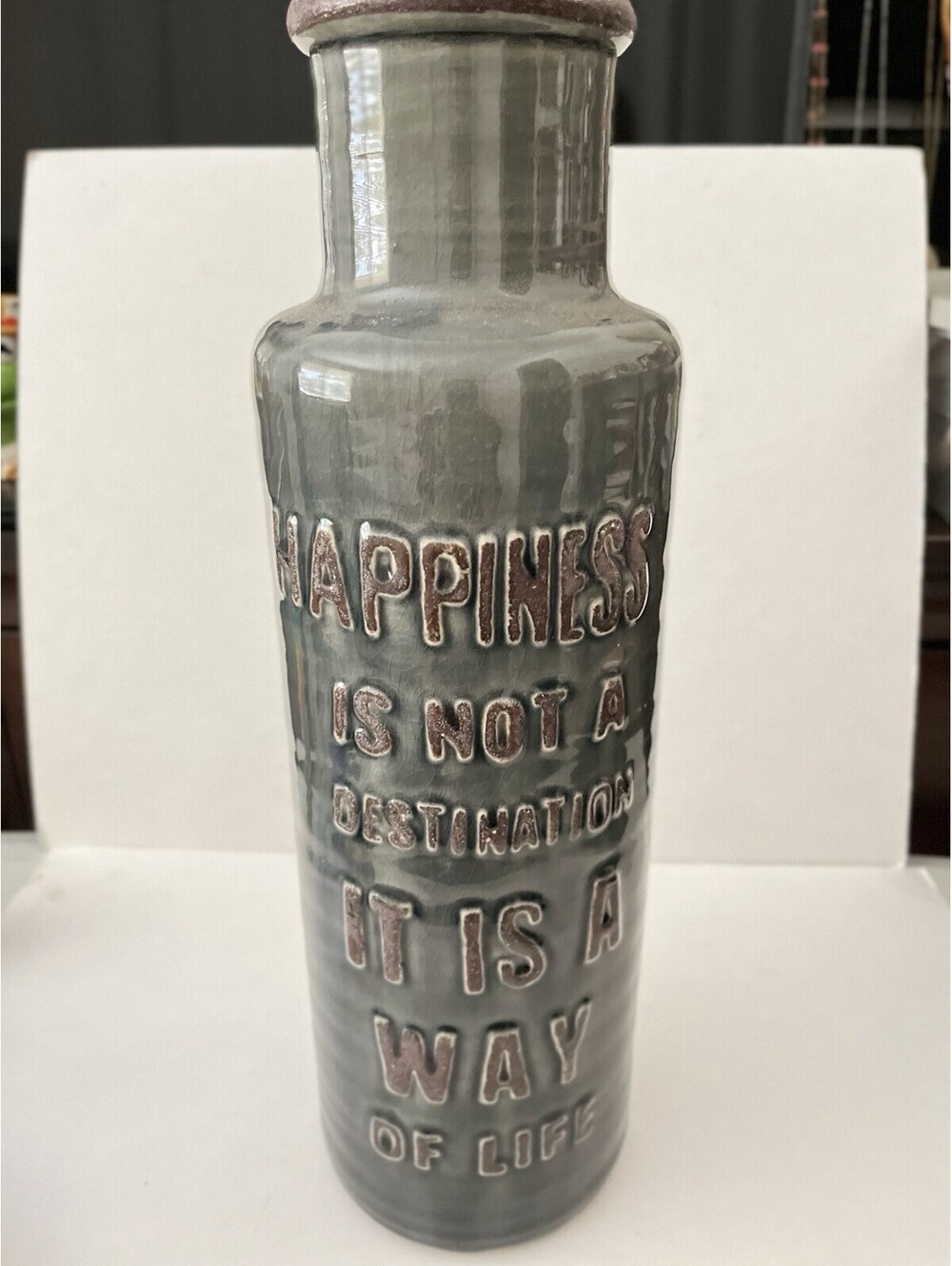 Vase 16 In Tall Raised Lettering “Happiness Is A Way Of Life” Jar Pottery Grey